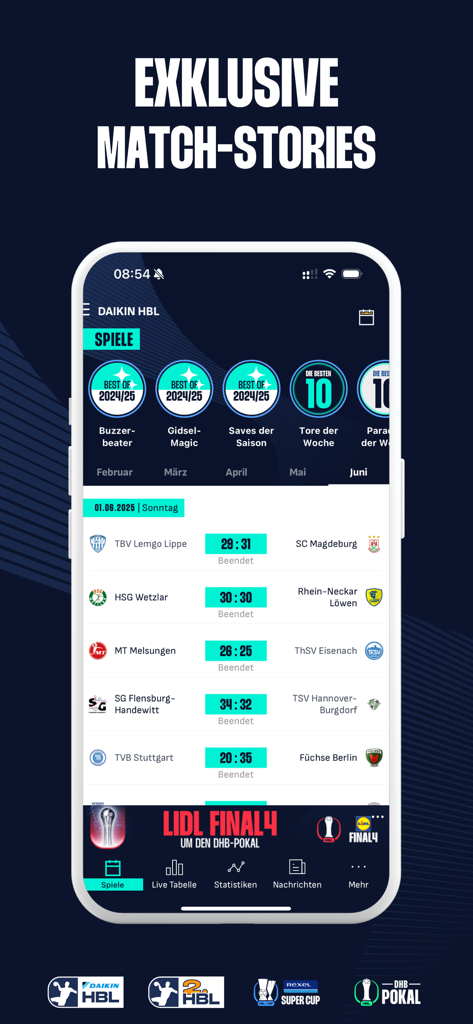 DAIKIN Handball-Bundesliga - 독점 경기 스토리와 경기 결과가 표시된 DAIKIN 핸드볼 분데스리가 앱의 스크린샷.