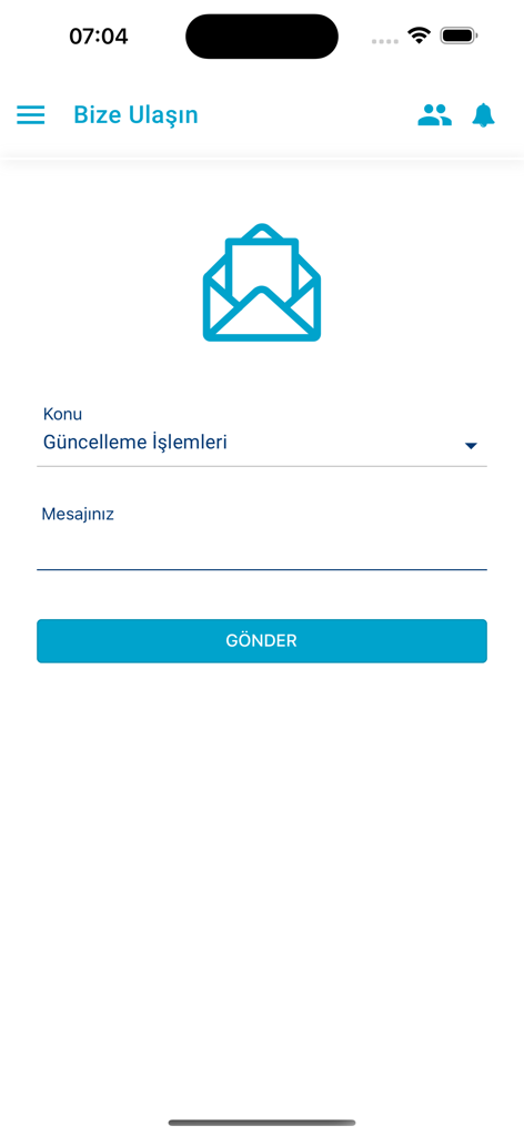 UETS - Página de contato no aplicativo UETS para enviar mensagens e feedback