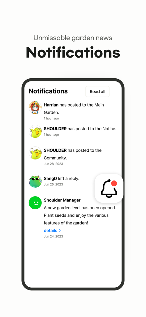 SHOULDER:Webtoon, Illust & Fan - Captura de pantalla de la pantalla de notificaciones de la aplicación SHOULDER mostrando actualizaciones de creadores y actividades de la comunidad.