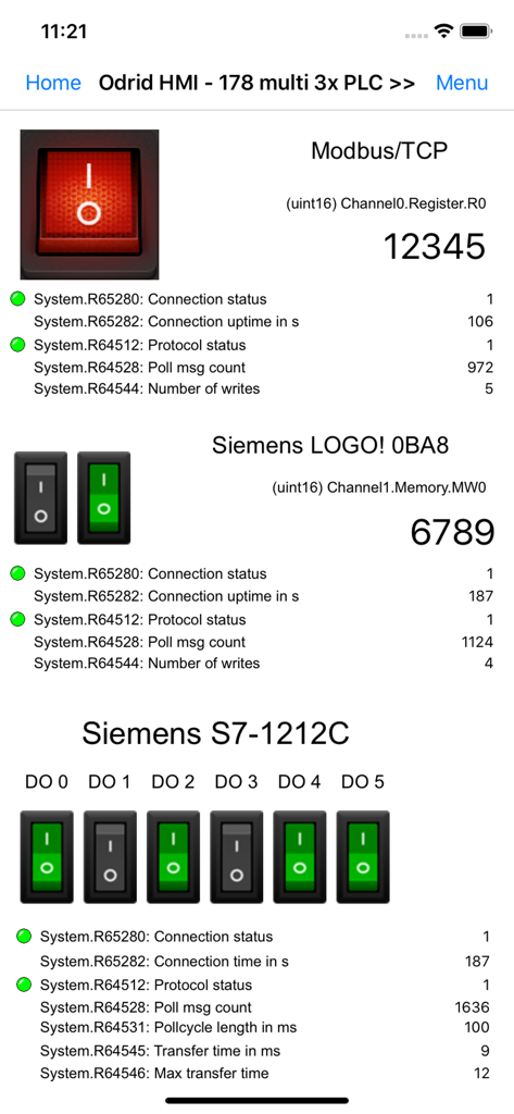Odrid HMI - Odrid HMI app dashboard showing real time monitoring and control for Modbus TCP and Siemens S7 industrial PLCs