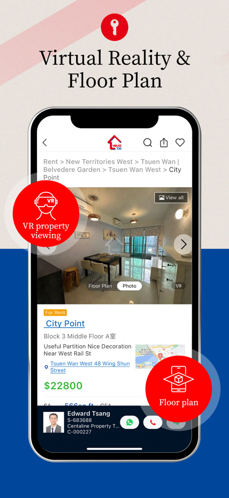 House730 - Search HK Property - Mobile screen of House730 app showing virtual reality property viewing and apartment floor plan for Hong Kong rental.