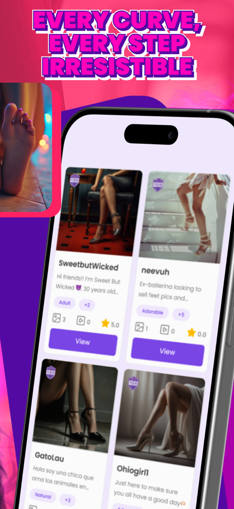 Interfaz de la aplicación móvil de Feet Find Collect mostrando perfiles de modelos de pie usando tacones altos con calificaciones de usuario y descripciones.