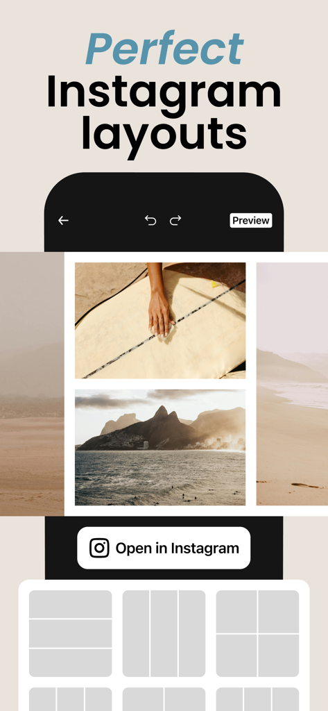 Interfaz de la aplicación para crear diseños perfectos de Instagram con varias plantillas de collage
