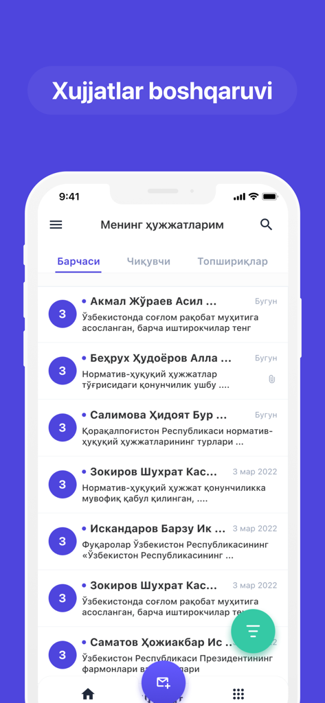IJRO.GOV.UZ - IJRO.GOV.UZ mobile app screen displaying a list of electronic documents and tasks for government management