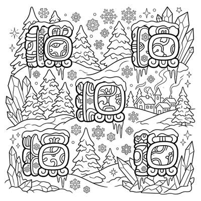Discover a unique fusion of history and holiday cheer with this stunning coloring page. Intricate Mayan glyphs are beautifully adorned with snow, icicles, and a festive winter landscape.