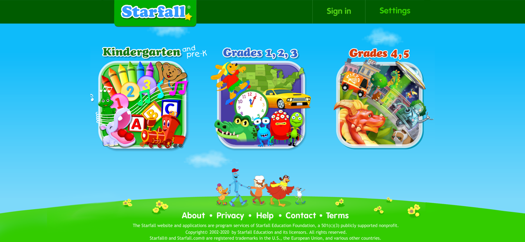 Starfall app main menu with educational categories for kindergarten through fifth grade