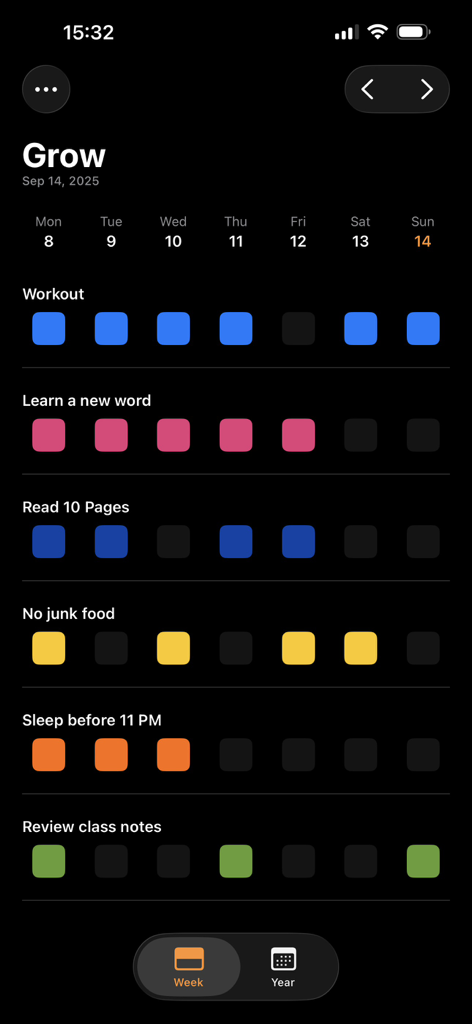 Grow - Habit Tracker - Weekly progress view in the Grow habit tracker app with colored squares for various habits