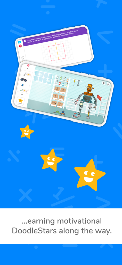 DoodleMath: Elementary Math - DoodleMath app interface showing math exercises and a robot building reward system with motivational stars.