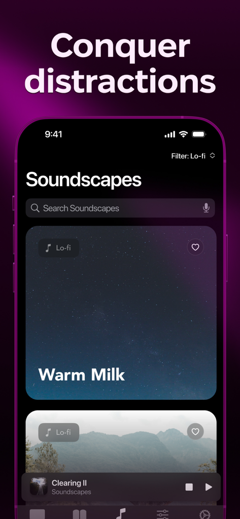 Mesmerize - Visual Meditation - Mesmerize app screen displaying various soundscapes and lo-fi music options to help users conquer distractions.
