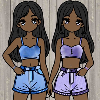 two sisters with crop tops and jean shorts and straight hair