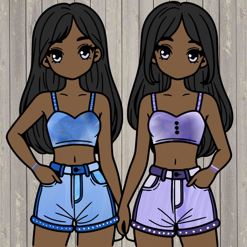 two sisters with crop tops and jean shorts and straight hair