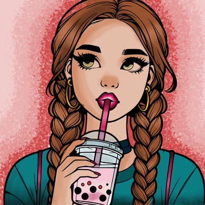 realistic girl with braided hair drinking boba