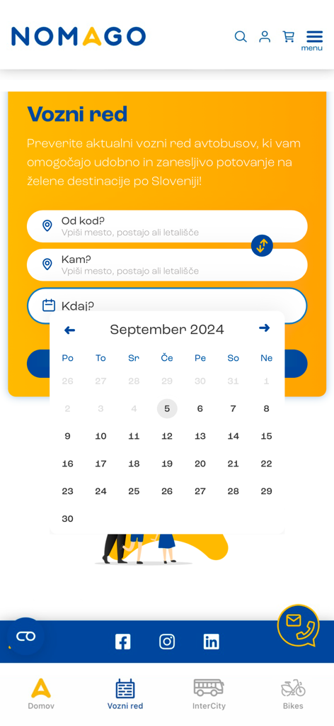 Schermata di ricerca orari autobus dell'app mobile Nomago con un calendario aperto.