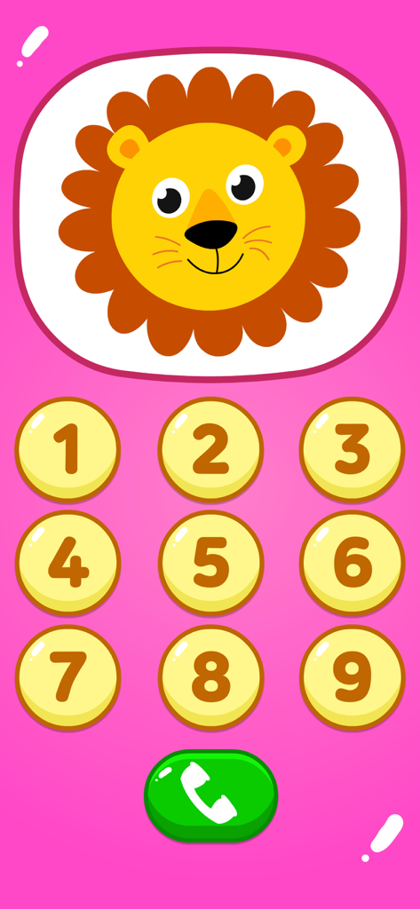 Un'interfaccia di gioco del telefono per bambini rosa con un leone cartone animato e una tastiera numerica per i più piccoli