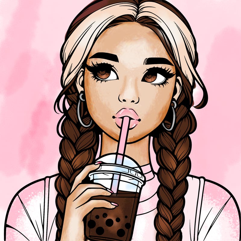 realistic girl with braided hair drinking boba