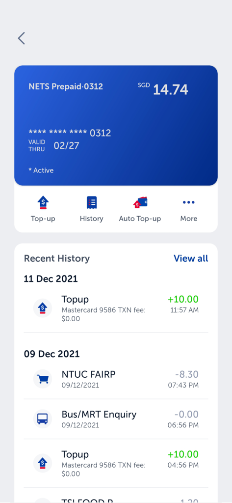 NETS App - Tela do NETS App mostrando saldo de cartão pré-pago e histórico de transações