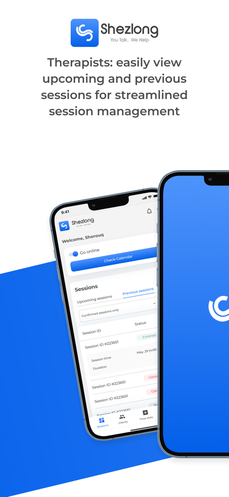 Shezlong Therapeut Mobile App-Oberfläche, die kommende und vergangene Sitzungslisten für Psychologen anzeigt