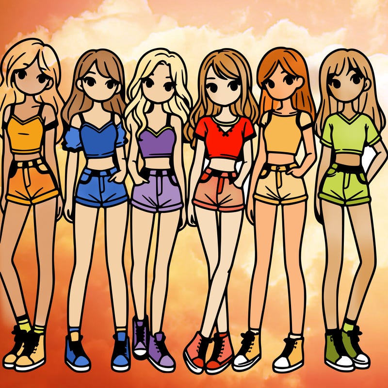 a group of girls wearing crop tops and shorts
