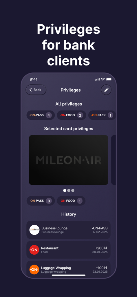 MILEONAIR - MILEONAIRアプリの画面に、銀行クライアントの特典と旅行取引履歴が表示されています