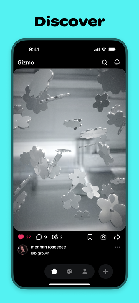 Gizmo: Make Gizmos - Gizmo app interface showing the Discover feed with a 3D interactive flower creation