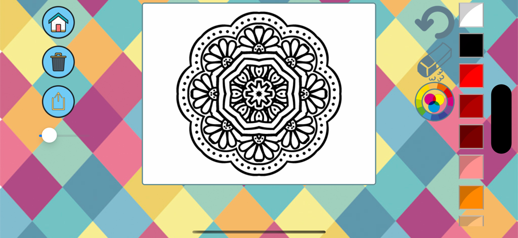 Book of mandalas to paint - Digital mandala coloring page with a simple user interface featuring drawing tools and a color palette