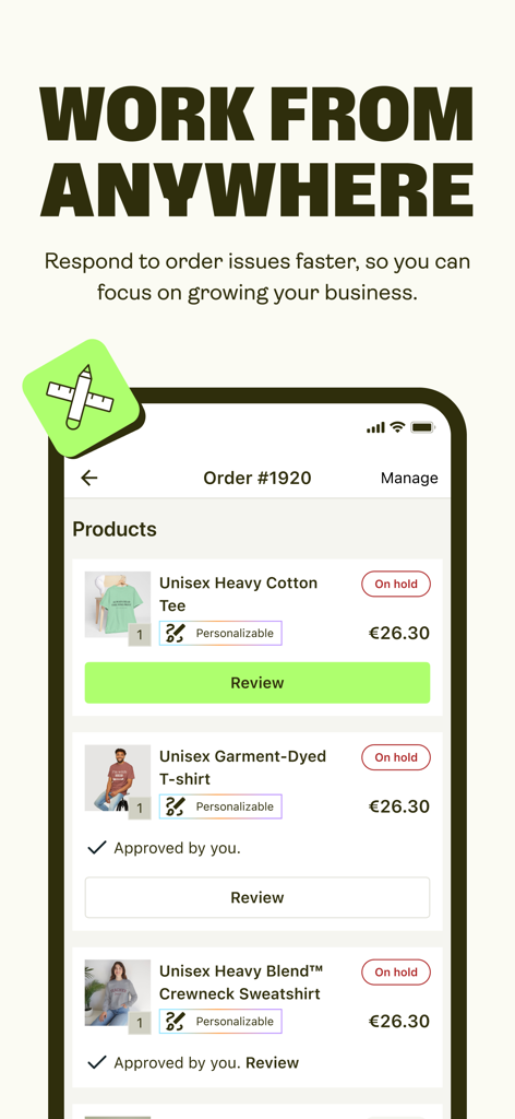 Interface of the Printify app showing a list of products in an order with their current status