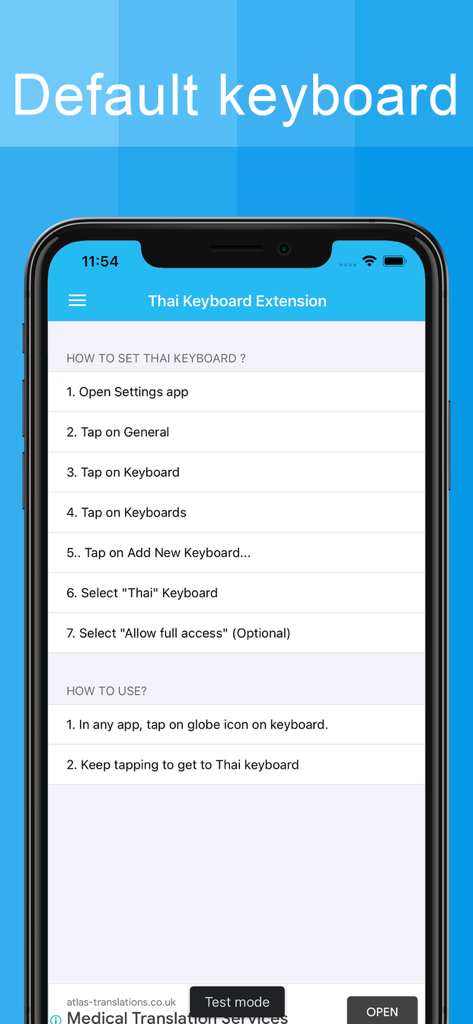 Thai Keyboard - Translator - Instructions étape par étape pour configurer et utiliser l'extension Clavier Thaï sur un iPhone.