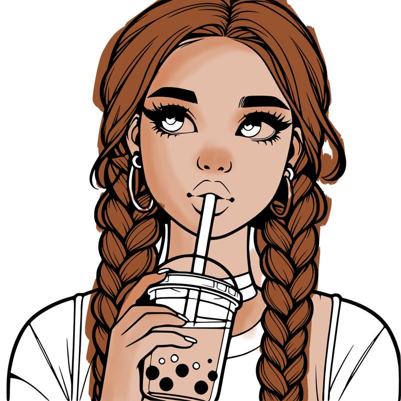 realistic girl with braided hair drinking boba