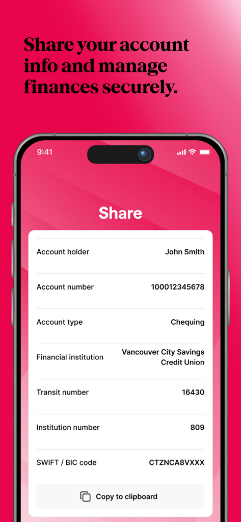 Vancity mobile app screen displaying account details like account number and transit number with a copy to clipboard button