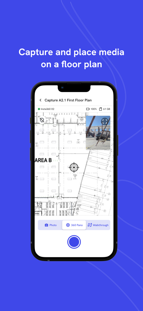 DroneDeploy Ground App - Interfaz de la aplicación DroneDeploy Ground mostrando un plano de construcción con una foto del sitio fijada para documentación multimedia