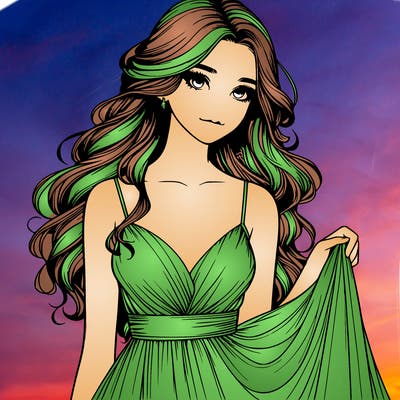 realistic girl in flowy silky prom dress