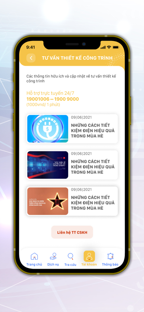 Interfaz de la aplicación CSKH EVNSPC que muestra consejos para ahorrar electricidad y consultoría de diseño de proyectos