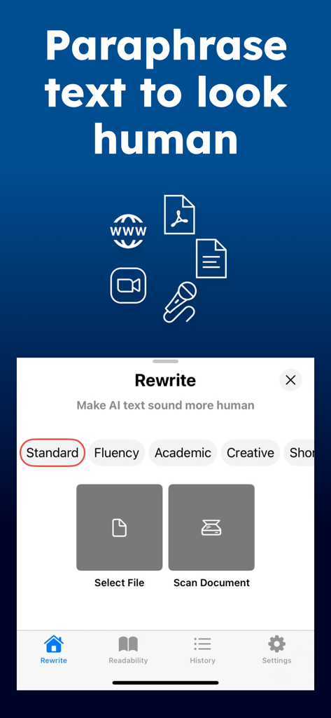 Paraphrase tool: AI Helper - App screen for Paraphrase Tool showing options to rewrite AI text into human like language and scan documents.