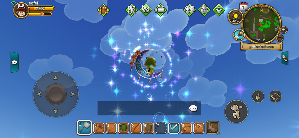 Islet Online : Craft - Un personaje sentado en una luna creciente en un cielo azul con chispas mágicas en Islet Online Craft