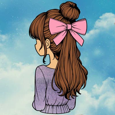 realistic girl  with hip length hair a bun and a big bow on the back of head