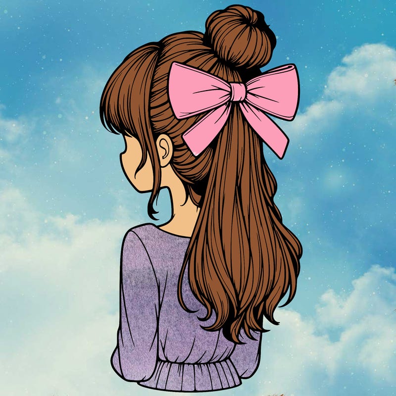 realistic girl  with hip length hair a bun and a big bow on the back of head