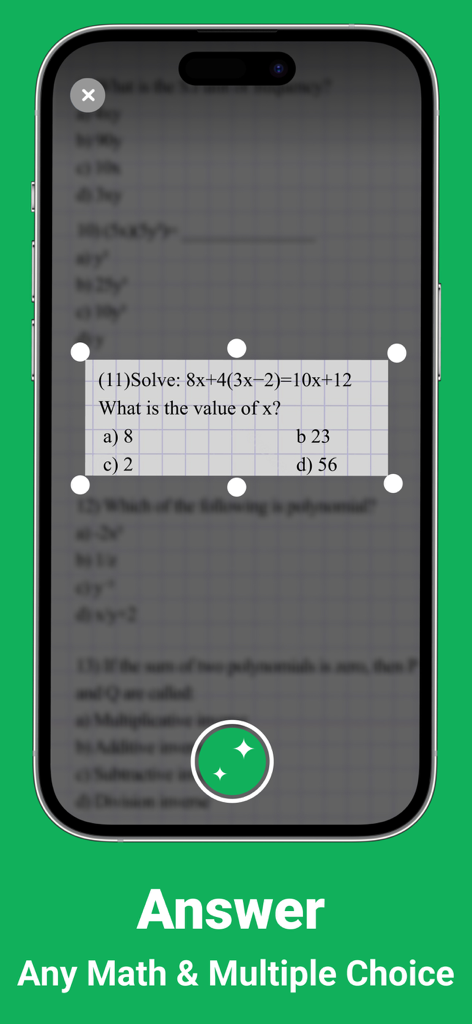PhotoSolve: Answer Pic Solver - Mobile app interface showing a math equation being scanned for an instant answer.