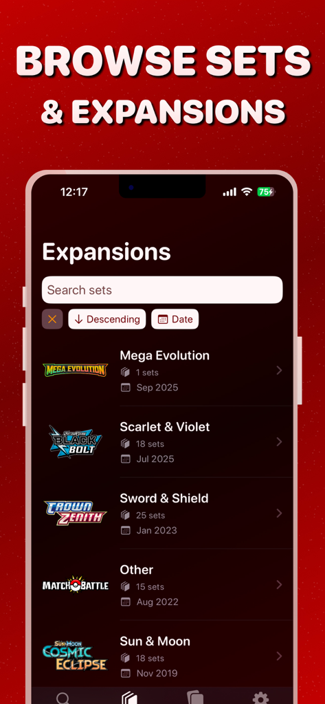 TCGScan: Card Value Scanner - Una pantalla de la aplicación móvil mostrando una lista de sets y expansiones de Pokemon TCG con fechas de lanzamiento y funcionalidad de búsqueda