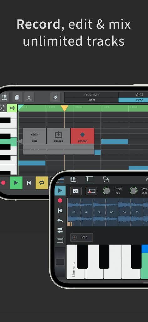 n-Track Studio Pro | DAW - Interface of n-Track Studio Pro showing unlimited track recording and MIDI keyboard