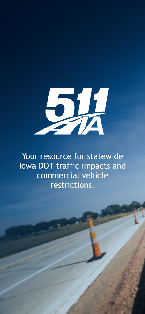 Iowa 511 - Iowa 511 app splash screen featuring the official DOT logo and information about traffic impacts and commercial vehicle restrictions.
