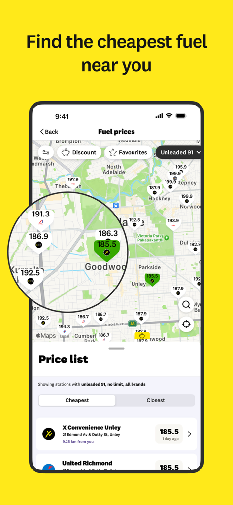 RAA mobile app screen showing a map with real-time fuel prices and a list of local gas stations