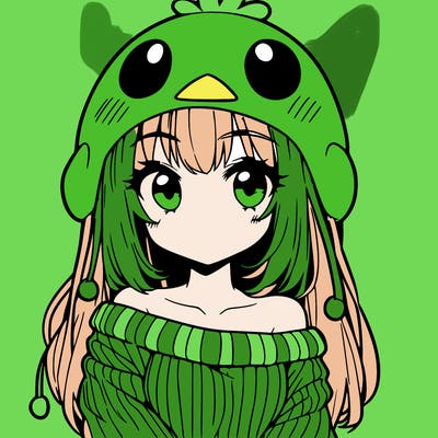 anime girl with chick shaped hat with sweater with bare shoulders with bangs covering them one eye with low tail