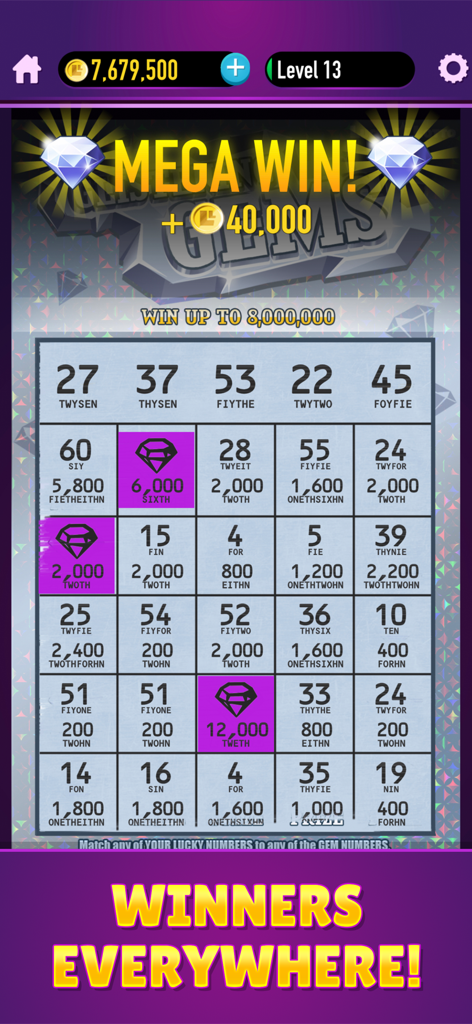 Lucky Lotto - Mega Scratch Off - Lucky Lotto mobile game screen showing a mega win on a glistening gems scratch off ticket with diamond symbols