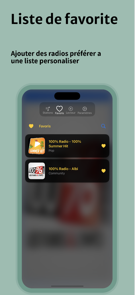 Ein Smartphone-Bildschirm, der die Favoritenliste französischer Radiosender in der Radio Fra App anzeigt