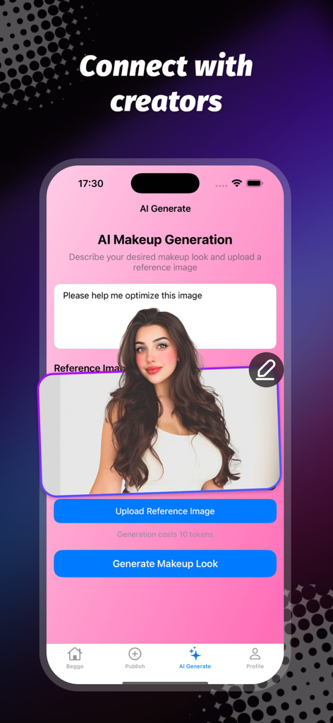 AI makeup generation interface on the Beego app with a reference photo upload and prompt field