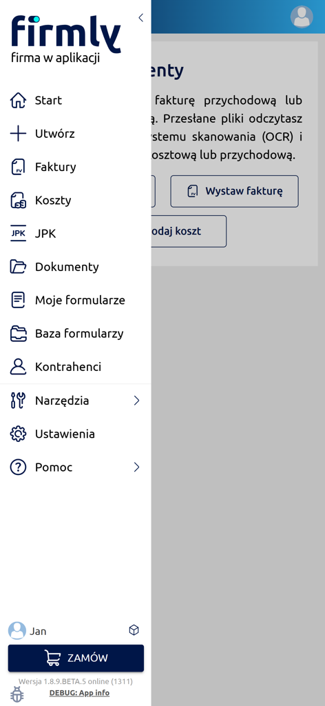 firmly - Menu de navegação lateral do aplicativo móvel firmly mostrando recursos de contabilidade como faturas e arquivos JPK