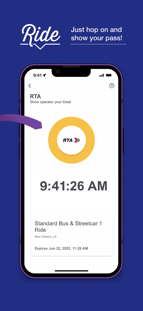 Un billet de bus et de tramway numérique affiché sur un smartphone à l'aide de l'application RTA Le Pass pour les transports en commun de La Nouvelle-Orléans