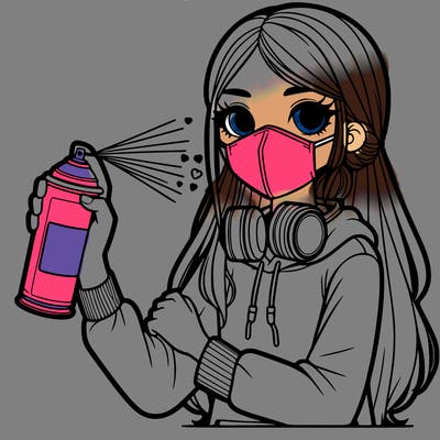 a girl wearing a mask, holding a can of spray paint with spray paint on her clothes and long hair