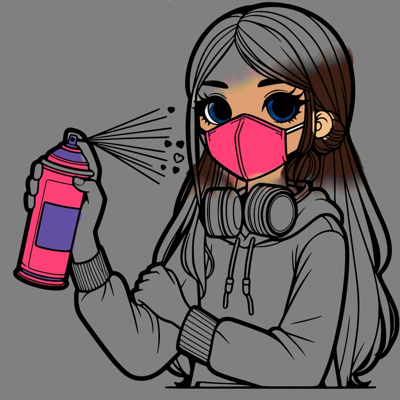 a girl wearing a mask, holding a can of spray paint with spray paint on her clothes and long hair