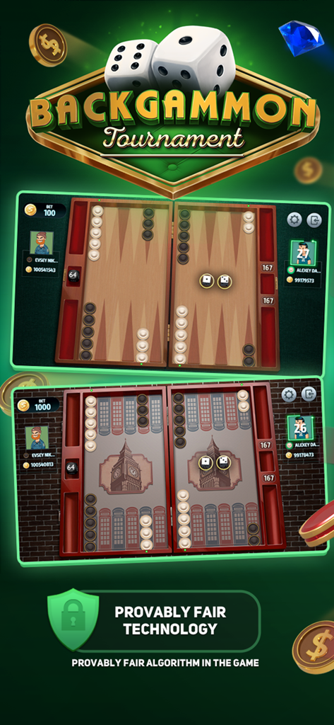 Backgammon Tournament online - バックギャモン・トーナメント オンラインのゲーム画面。様々なボードデザインと、公平性が証明されたダイステクノロジーが特徴です。